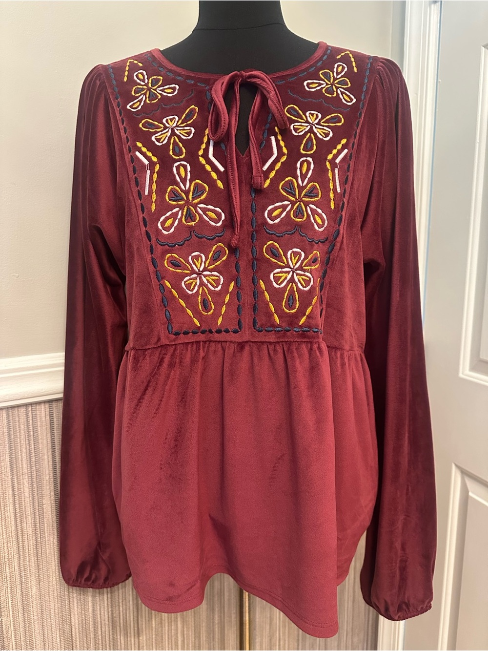 Bobeau Large Burgundy Velvet Embroidered Peplum Blouse Boho Long Sleeve Top